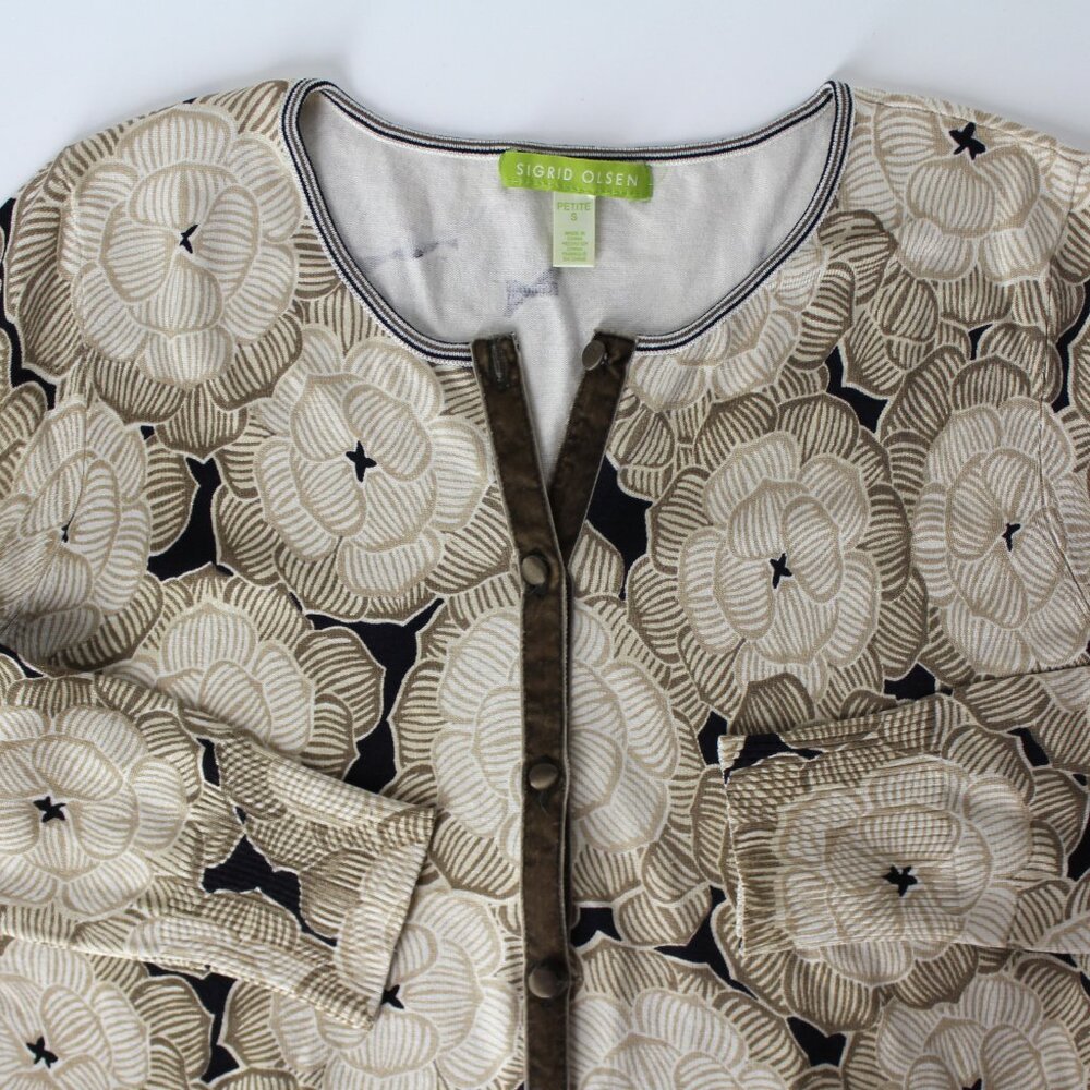 Sigrid Olsen Normcore Tan Black Retro floral Cardigan Sweater silk blend S petit